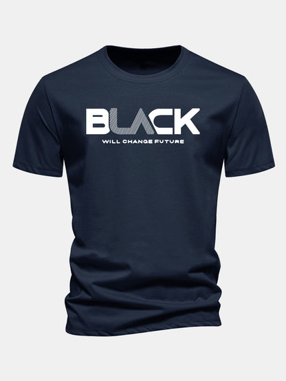 Regulär geschnittenes schwarzes Druck Baumwoll-T-Shirt