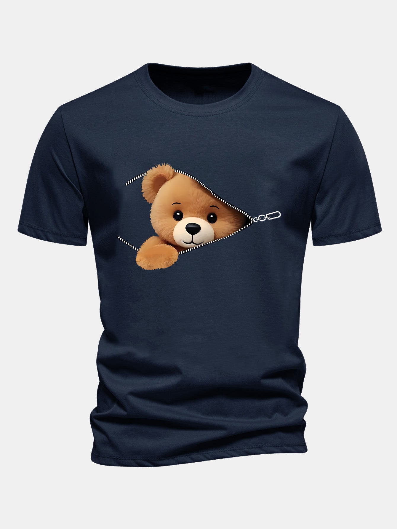 Reguläre Passform Reißverschluss Bären Druck Baumwoll T-Shirt