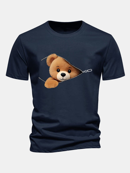 Reguläre Passform Reißverschluss Bären Druck Baumwoll T-Shirt
