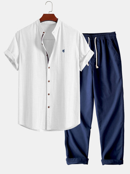 Kurzärmliges Hemd im Leinen-Look mit Stehkragen & gerade geschnittene Leinenhose