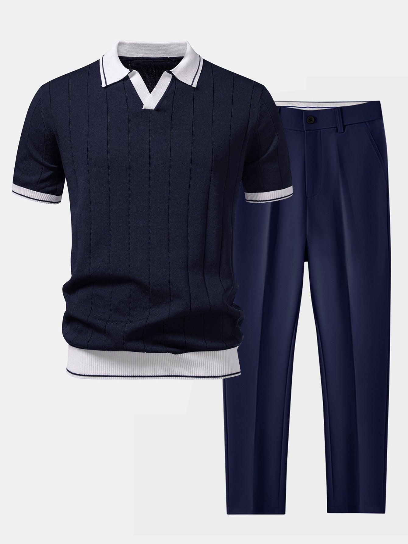 Kontrastbesatz Geripptes Johnny-Kragen Strick-Polo & Slim Fit Tapered Hose