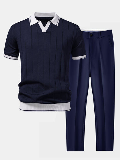 Kontrastbesatz Geripptes Johnny-Kragen Strick-Polo & Slim Fit Tapered Hose