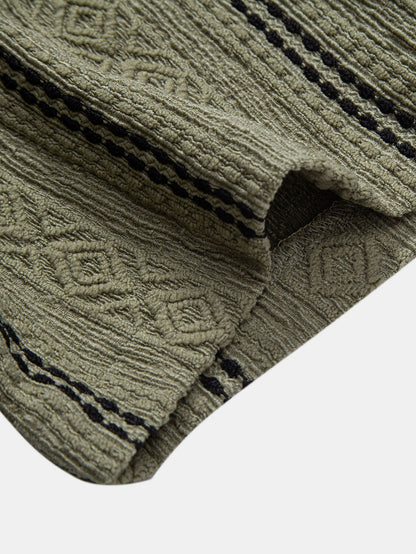 Geometrisch gestreifte Jacquard-Knopfhemd & crinkle-texturierte Shorts mit Kordelzug (5")