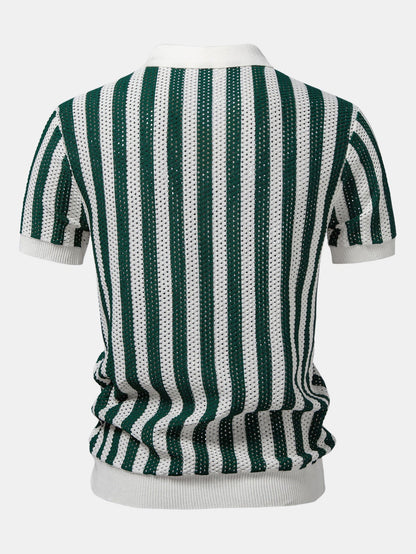 Streifen Johnny Kragen Offenes Strick Polo & Gerade Beinform Leinenhose