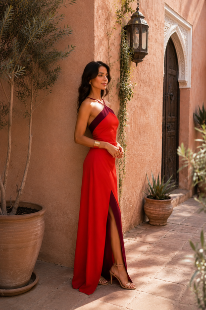 Langes Neckholderkleid mit Schlitz