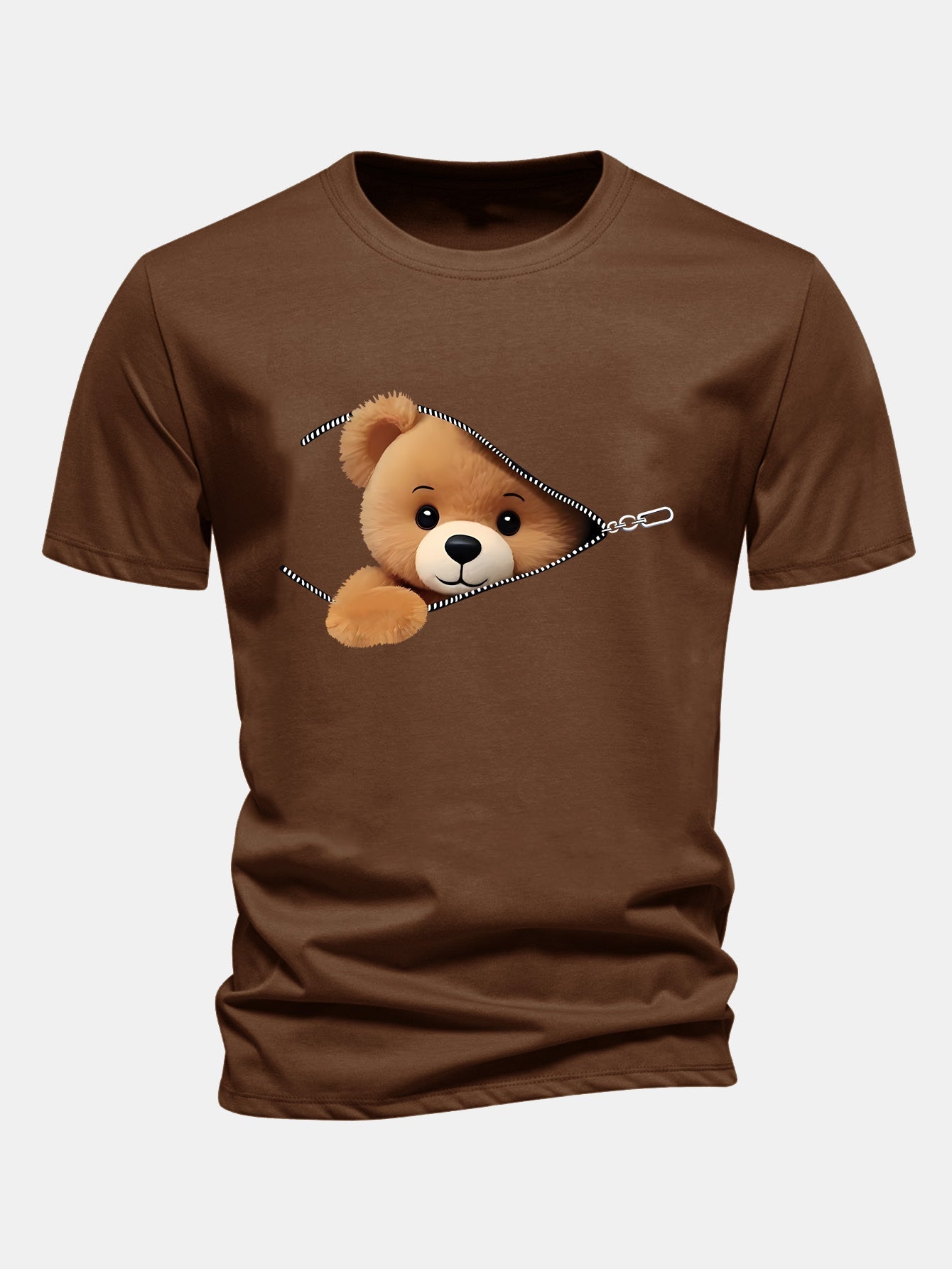 Reguläre Passform Reißverschluss Bären Druck Baumwoll T-Shirt