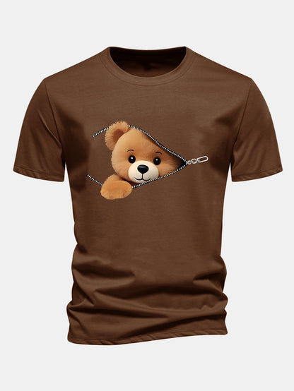 Reguläre Passform Reißverschluss Bären Druck Baumwoll T-Shirt