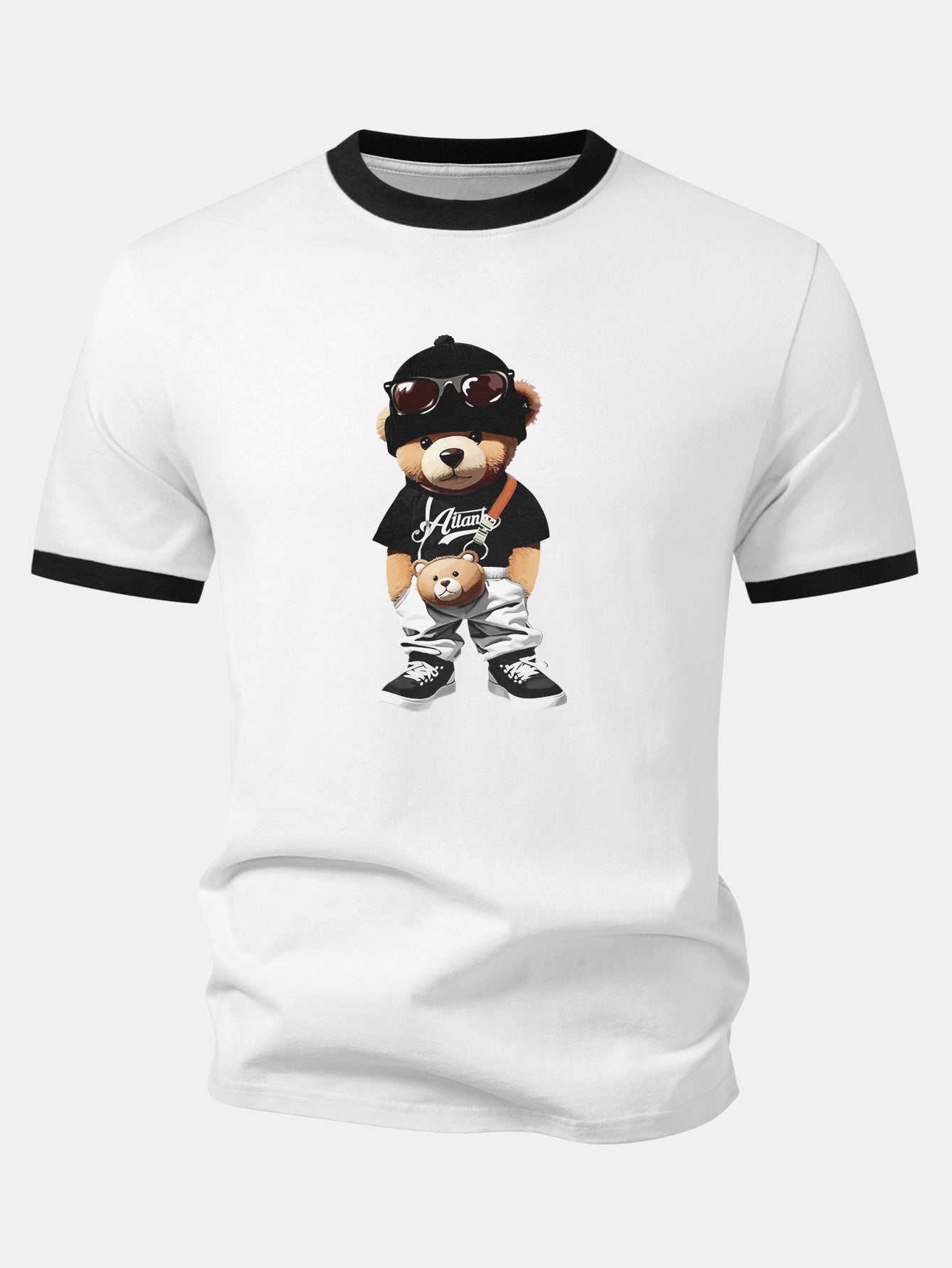 Cooler Bären-Druck Kontrast Ringer T-Shirt & Corduroy 7" Shorts