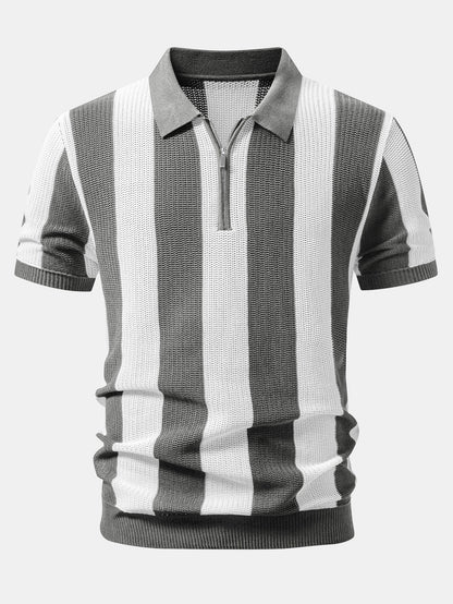 Streifen Reißverschluss Offene Strick Polo & Gerade Bein Leinenhose