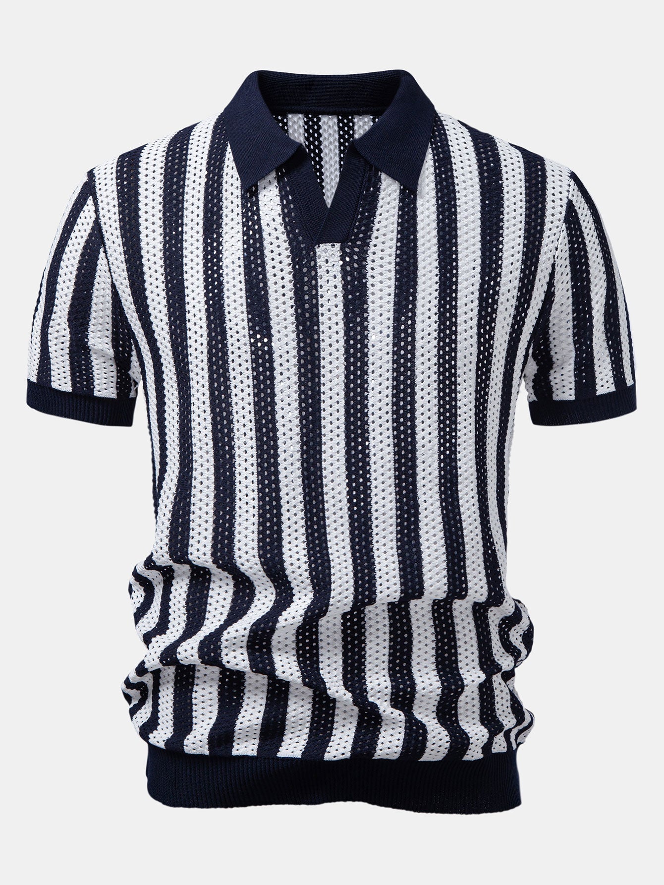 Streifen Johnny Kragen Offenes Strick Polo & Gerade Beinform Leinenhose