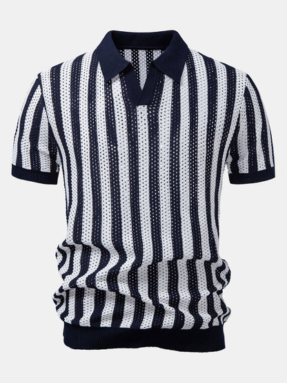 Streifen Johnny Kragen Offenes Strick Polo & Gerade Beinform Leinenhose