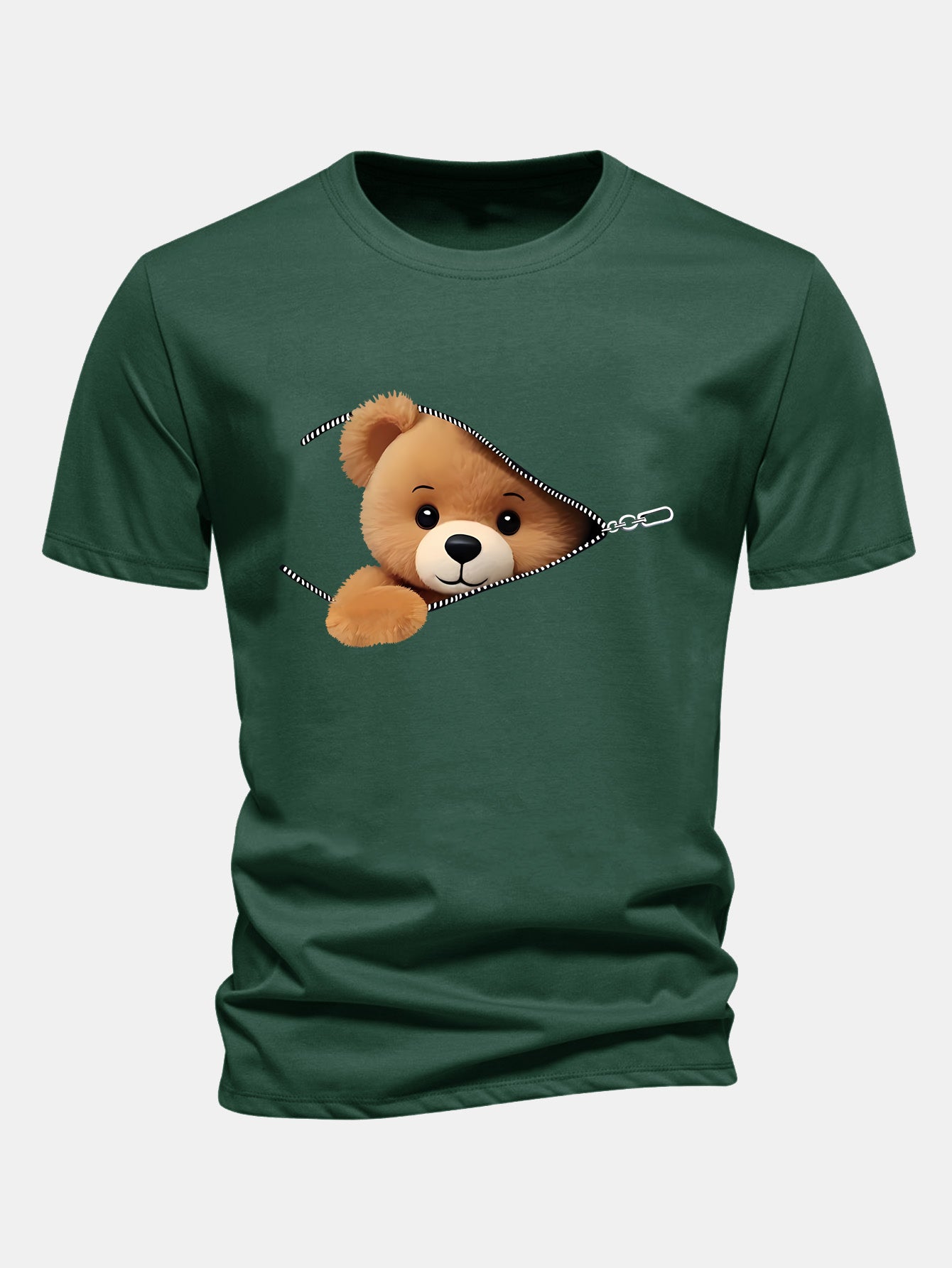 Reguläre Passform Reißverschluss Bären Druck Baumwoll T-Shirt
