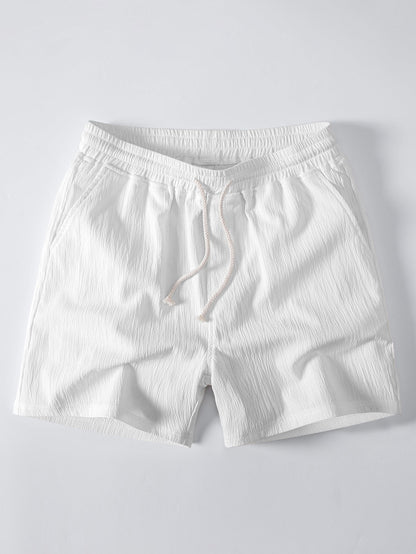 Geometrisch gestreifte Jacquard-Knopfhemd & crinkle-texturierte Shorts mit Kordelzug (5")