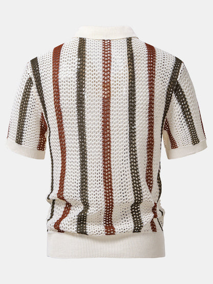 Gestreiftes Häkel V-Ausschnitt Polo