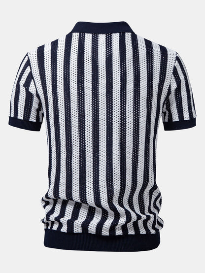Streifen Johnny Kragen Offenes Strick Polo & Gerade Beinform Leinenhose