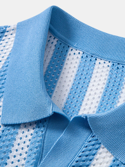 Streifen Johnny Kragen Offenes Strick Polo & Gerade Beinform Leinenhose