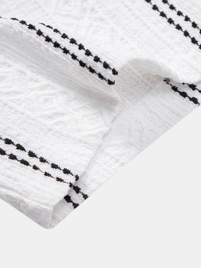 Geometrisch gestreifte Jacquard-Knopfhemd & crinkle-texturierte Shorts mit Kordelzug (5")