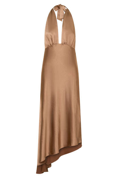 Adelie Asymmetrisches Saum Halter Midi Kleid - Cognac