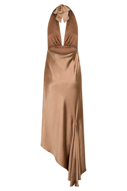 Adelie Asymmetrisches Saum Halter Midi Kleid - Cognac