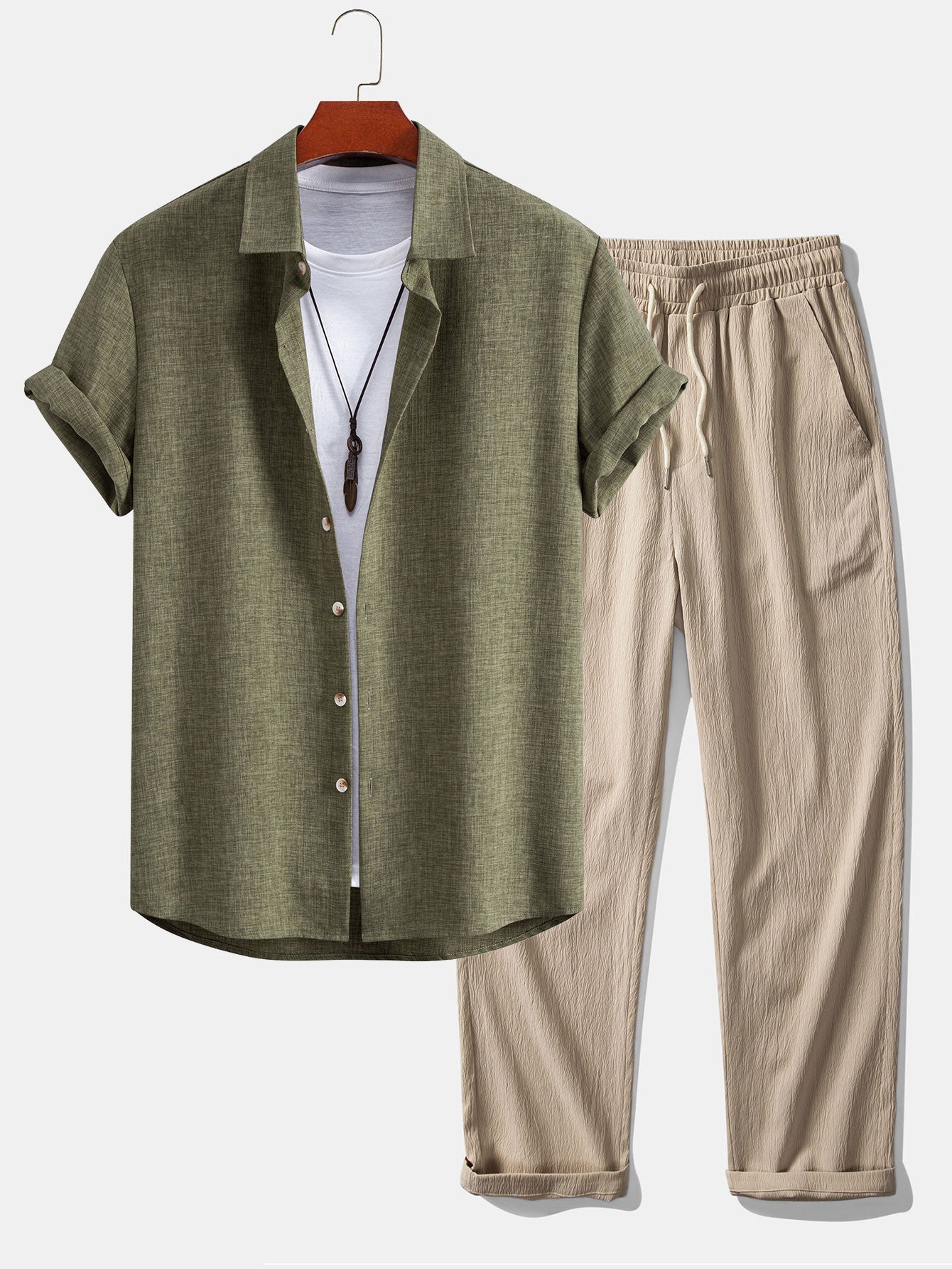 Leinenlook Hemd mit Knöpfen & Crinkle Textur Gerade Beinform Hose