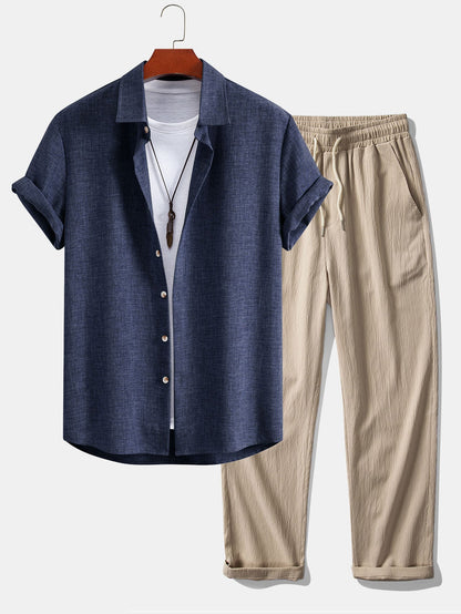 Leinenlook Hemd mit Knöpfen & Crinkle Textur Gerade Beinform Hose