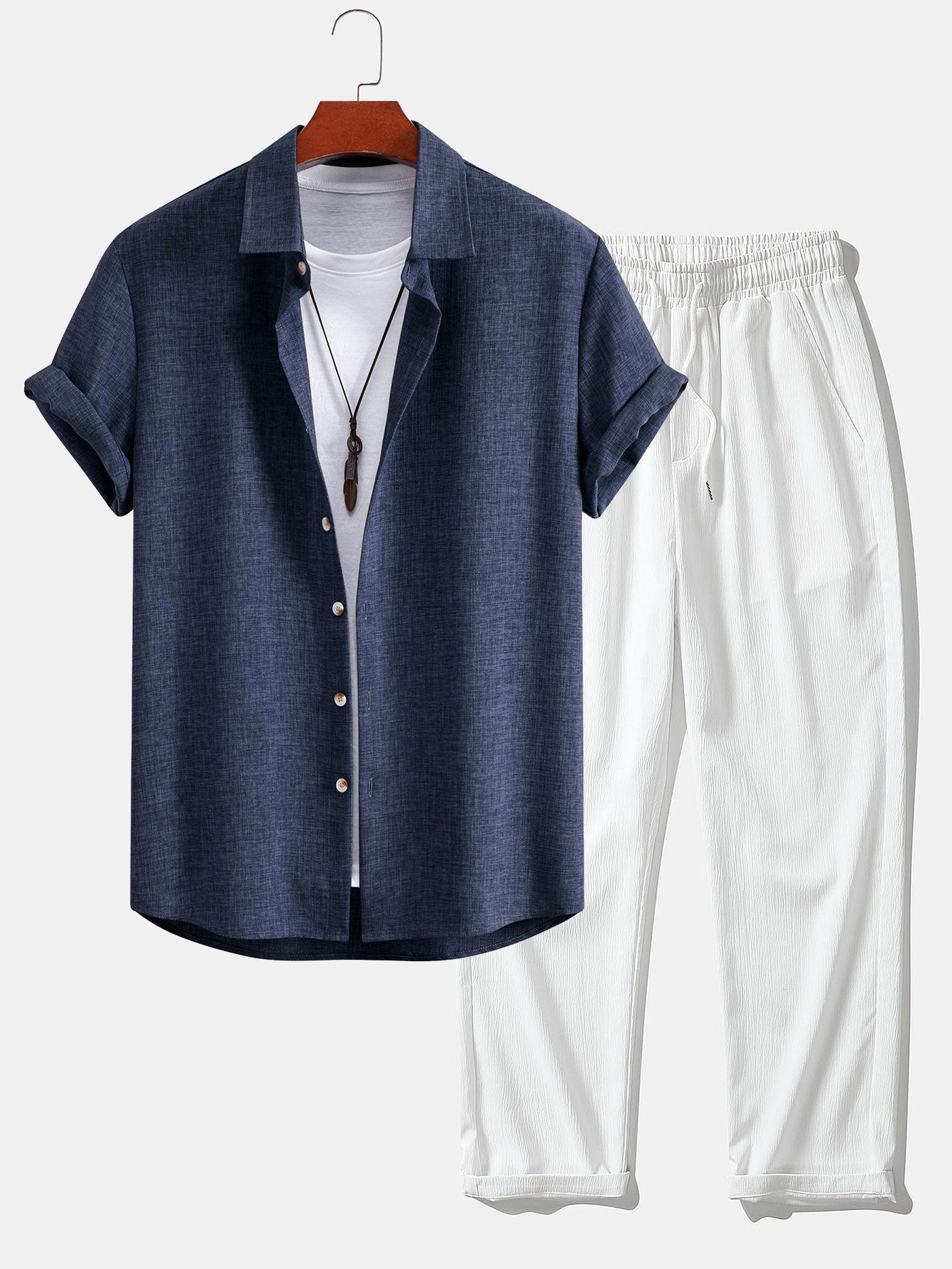 Leinenlook Hemd mit Knöpfen & Crinkle Textur Gerade Beinform Hose