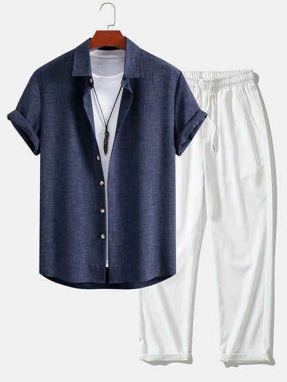 Leinenlook Hemd mit Knöpfen & Crinkle Textur Gerade Beinform Hose