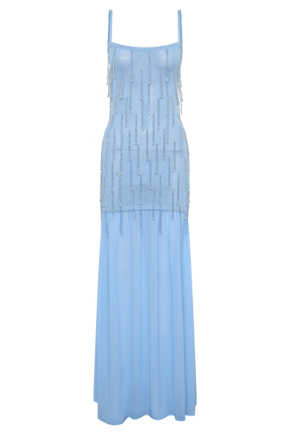 Belinda Perlenstrick- & Chiffon-Maxikleid - Hellblau