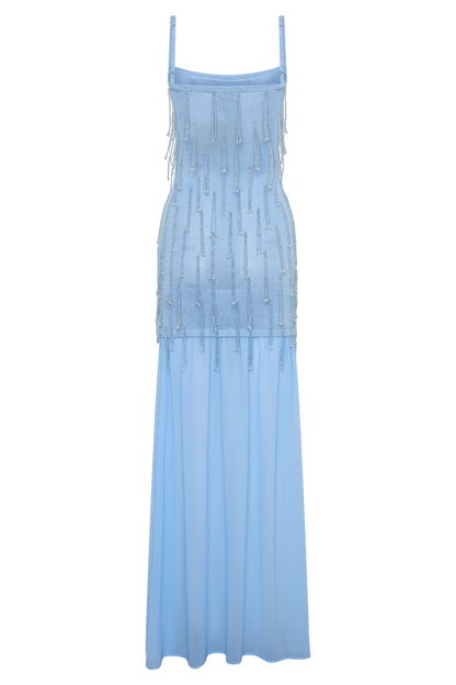 Belinda Perlenstrick- & Chiffon-Maxikleid - Hellblau