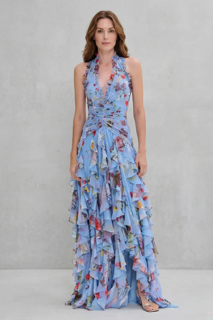 Belladina | Romantische Rosen-Cascata Lange Kleid mit Amerikanischem Ausschnitt