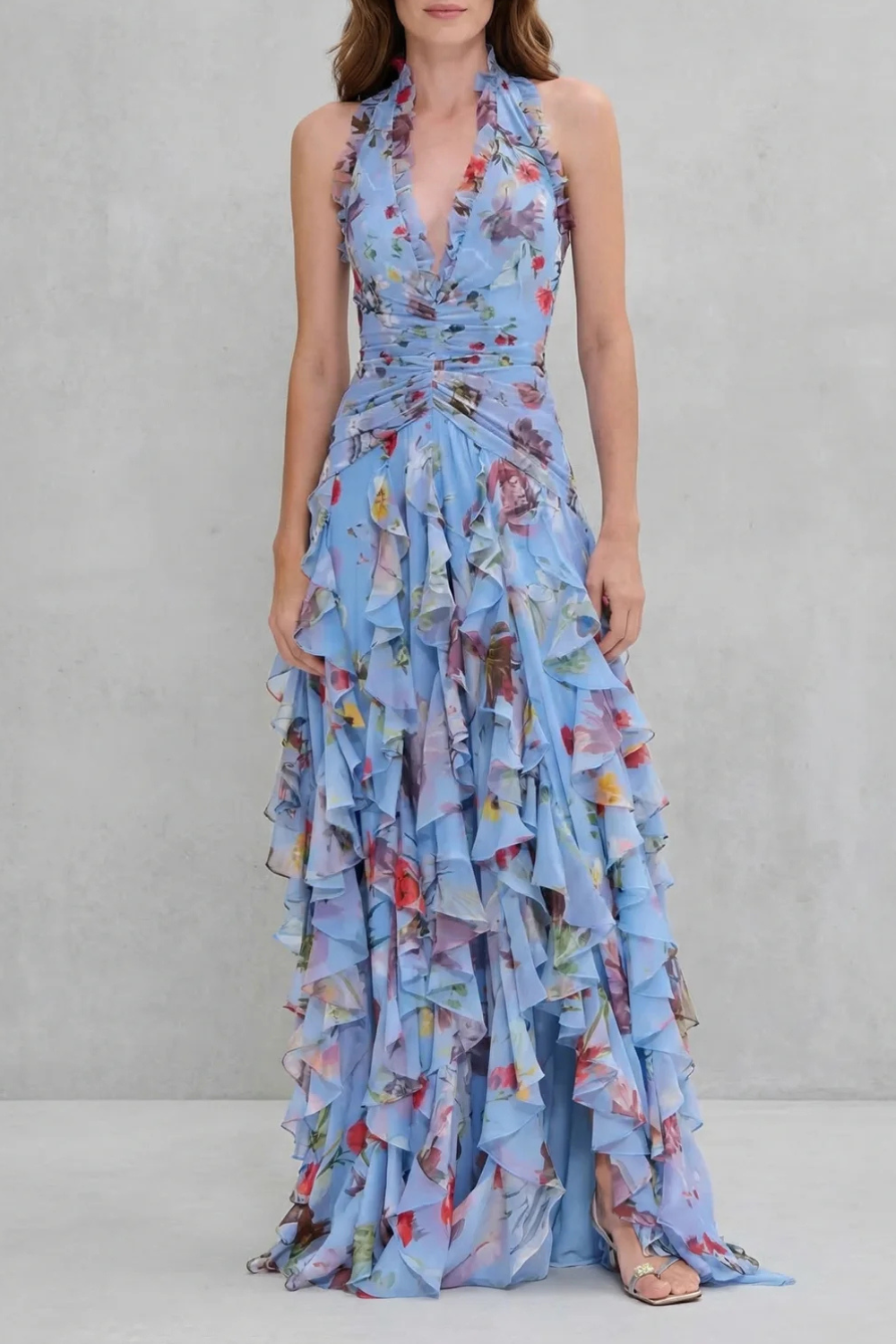 Belladina | Romantische Rosen-Cascata Lange Kleid mit Amerikanischem Ausschnitt