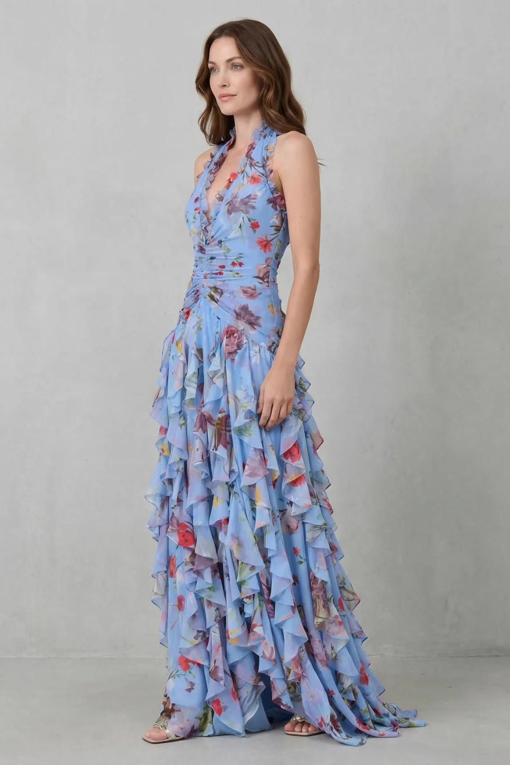 Belladina | Romantische Rosen-Cascata Lange Kleid mit Amerikanischem Ausschnitt