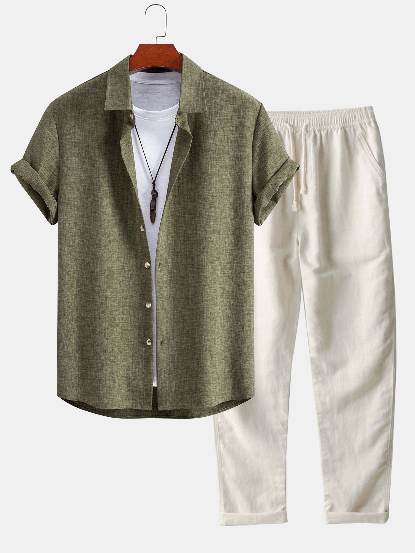 Leinen-Look Hemd mit Knöpfen & gerade Leinenhose