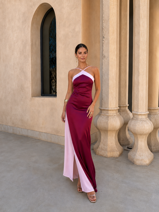 Satin langes Kleid mit überkreuztem Ausschnitt
