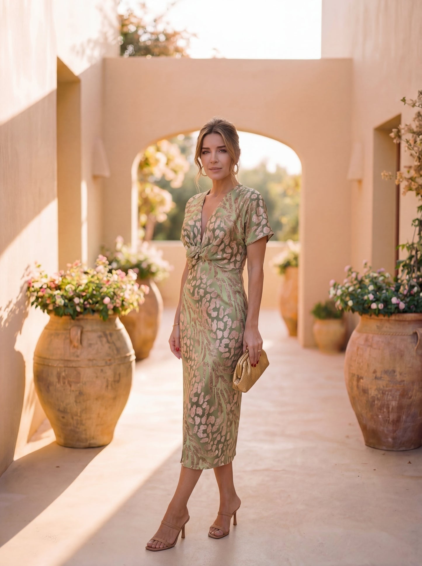 Midi-Kleid mit slimming Effekt, zentralem Knoten und fließendem Fall