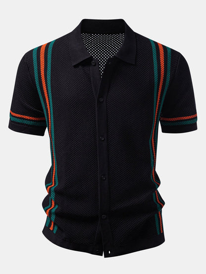 Gestreiftes Button-Up Strickhemd & Shorts mit Kordelzug