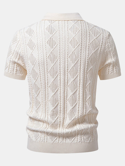 Geometrisches Jacquard Offenes Strick Polo & Gerade Beinform Leinenhose
