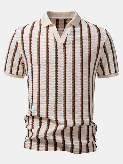 Waffle Stripe Johnny-Kragen Polo & Gerade Bein Leinenhose