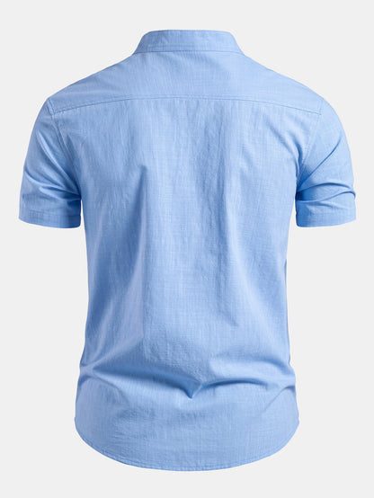 Kurzarm-Leinenlook-Hemd mit Stehkragen & crinkle-texturierten geraden Hosen