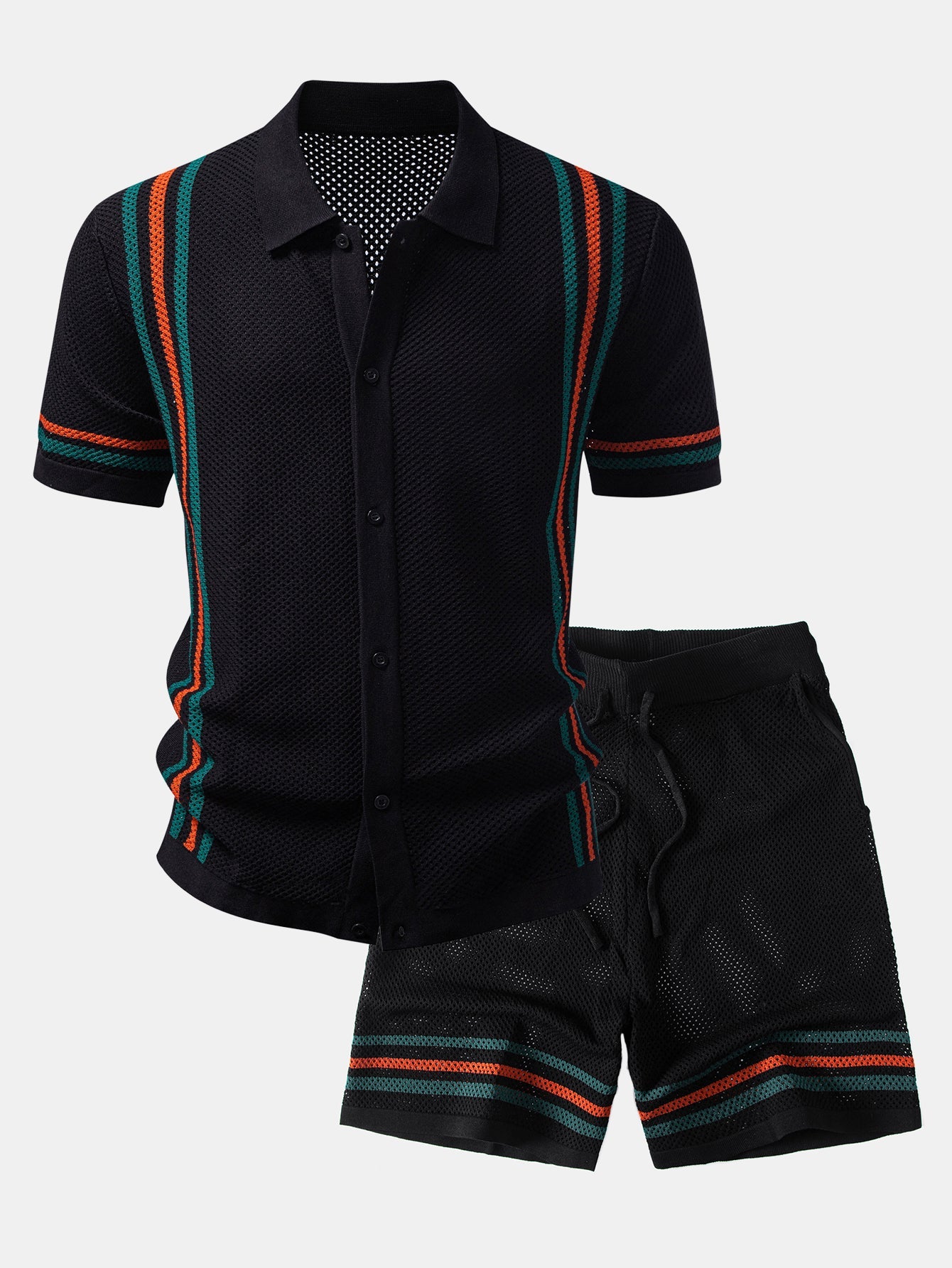 Gestreiftes Button-Up Strickhemd & Shorts mit Kordelzug