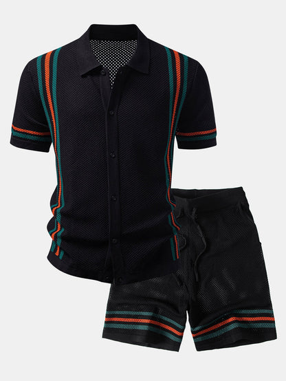 Gestreiftes Button-Up Strickhemd & Shorts mit Kordelzug