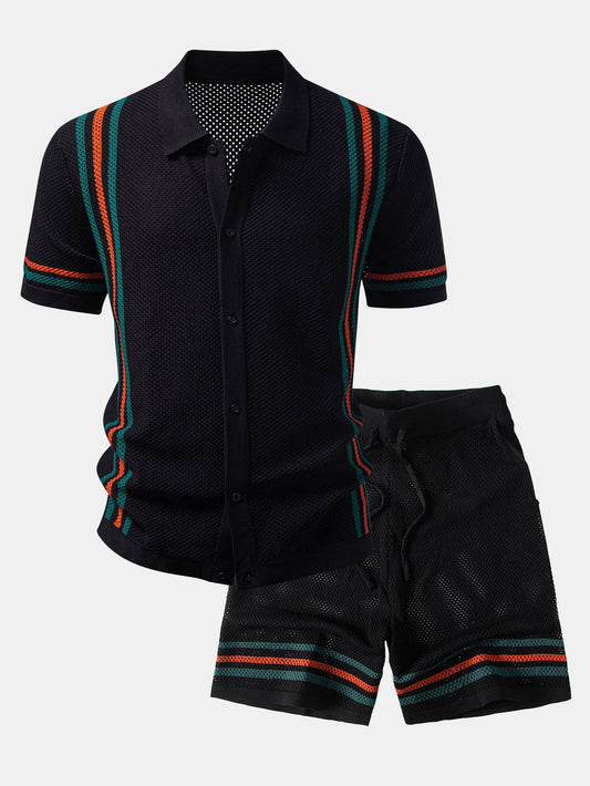 Gestreiftes Button-Up Strickhemd & Shorts mit Kordelzug