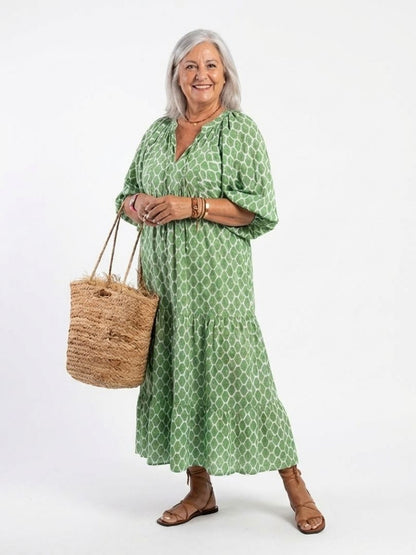 Apolline | Midi-Kleid mit dreiviertel Ärmeln und V-Ausschnitt im Muster