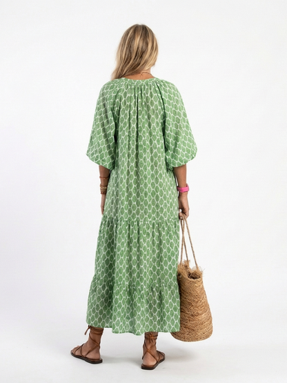 Apolline | Midi-Kleid mit dreiviertel Ärmeln und V-Ausschnitt im Muster