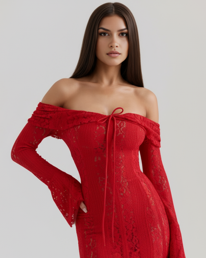 Langes Spitzenkleid mit Bardot-Ausschnitt