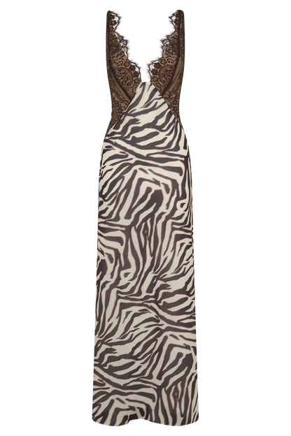 Angeline Spitzen- und Chiffon-Maxikleid - Abstrakter Zebra-Print
