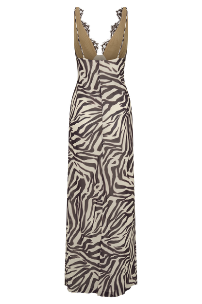 Angeline Spitzen- und Chiffon-Maxikleid - Abstrakter Zebra-Print
