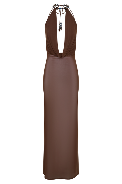 Ethal Mesh Cowl Neck Beaded Maxi Dress - Schokolade