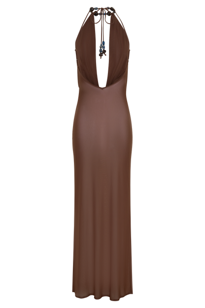 Ethal Mesh Cowl Neck Beaded Maxi Dress - Schokolade