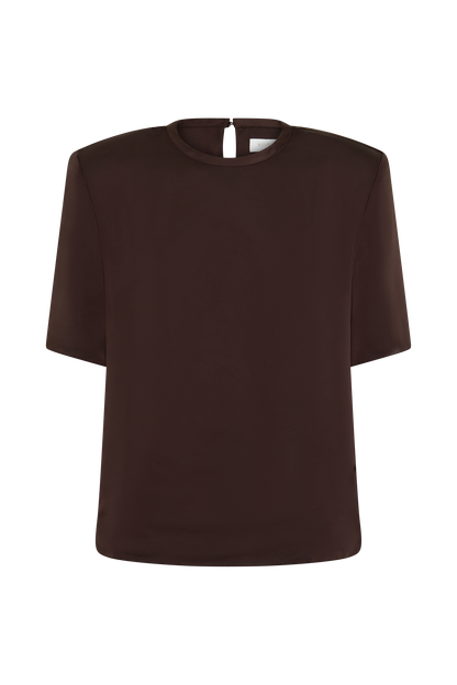 Harlyn Schulterpolster Kurzarm Satin Top - Dunkle Schokolade